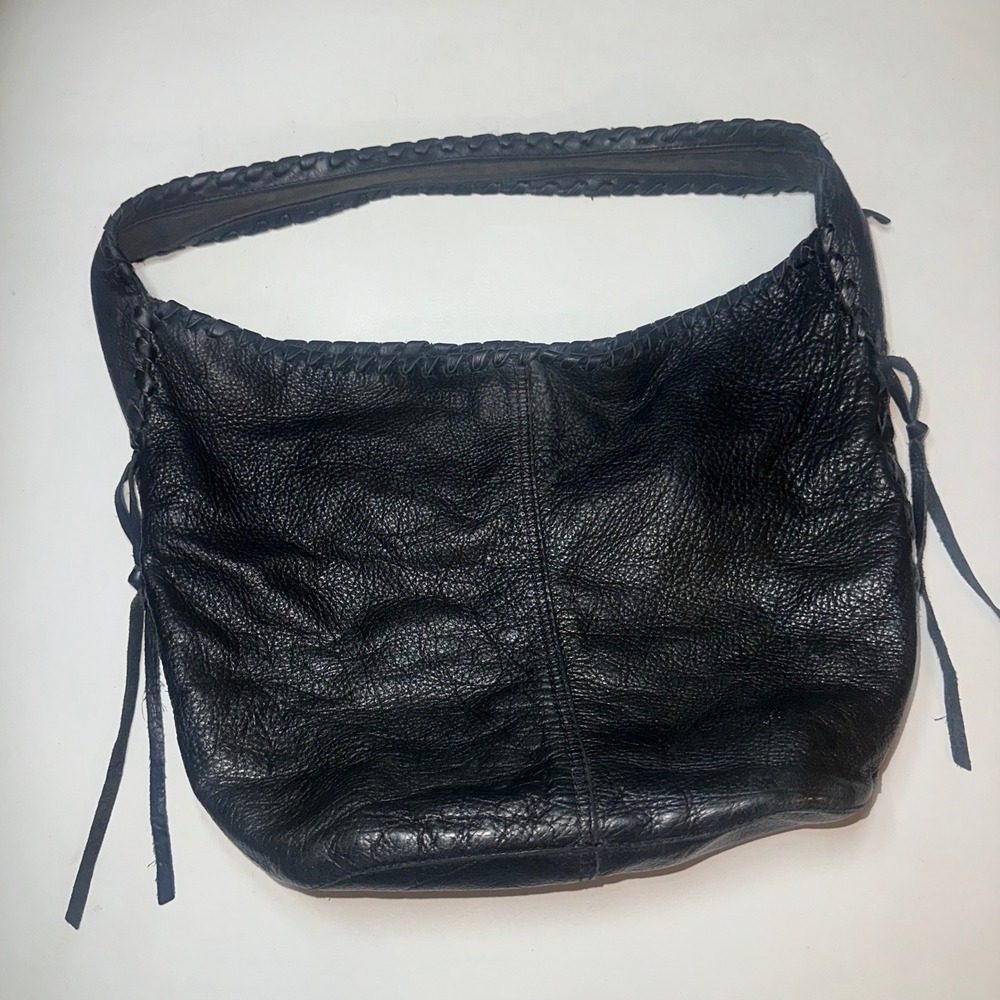 Y2K Lucky Brand Black Pebbled Soft Leather Hobo
Shoulder Bag Purse Lace Up
Sides